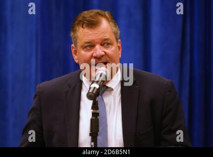 St. Louis, United States. 15th Oct, 2020. Jeff Jensen, United States Attorney for the United States District Court for the Eastern District of Missouri, introduces United States Attorney General William Barr for a roundtable discussion with law enforcement officials at the Thomas Eagleton Ferderal Courthouse in St. Louis on Thursday, October 15, 2020. Barr was in St. Louis, visiting nine U.S. cities as part of Operation Legend, where nearly 1000 federal agents are assisting cities with their crime problems. Photo by Bill Greenblatt/UPI Credit: UPI/Ģ����ý Live News Stock Photo