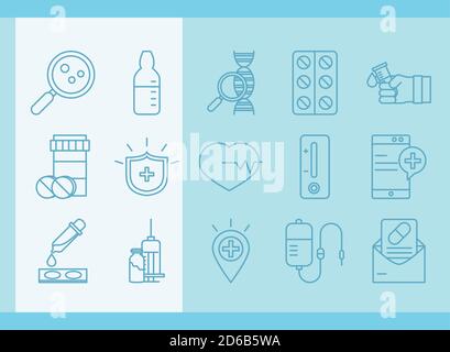 vaccine research, chemistry laboratory science medical set icons line vector illustration Stock Vector