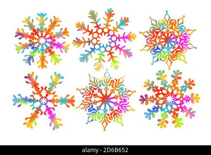 Set of rainbow snowflakes. A multi-colored abstraction of a snowflake. Merry Christmas. Mixed media. Vector illustration Stock Vector