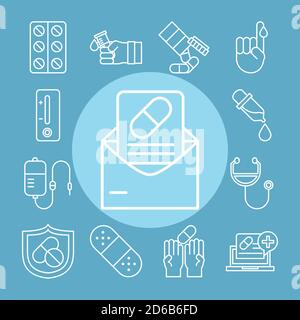 vaccine research science medicine analysis, set icons line vector illustration Stock Vector