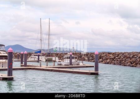 Yeppoon, Queensland, Australia - December 2019: Pleasure boats anchored at moorings at the marina Stock Photo