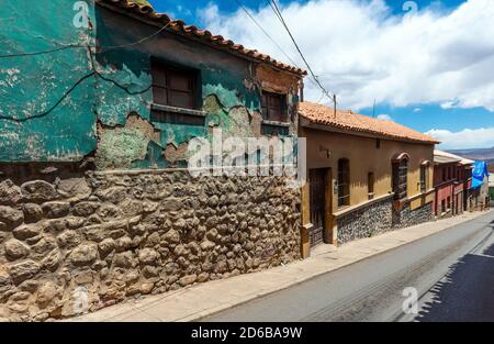 Street with colonial style facade architecture, Potosi, Bolivia. Stock Photo