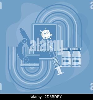 Covid vaccine vector illustration showing coronavirus  vaccine development in a research laboratory with syringe vaccine bottle microscope tablet Stock Vector