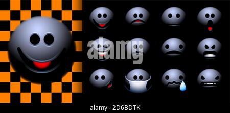 Set of Halloween themed emoji or smileys with ghost in the darkness. All basic emotions - joy, fear, happiness, sadness Stock Vector