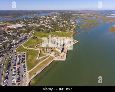 Aerial view of Castillo de San Marcos in St. Augustine, Florida FL, USA. This fort is the oldest and largest masonry fort in Continental United States Stock Photo