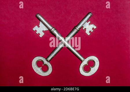 Crossed Keys Heraldic on Red Background Stock Photo
