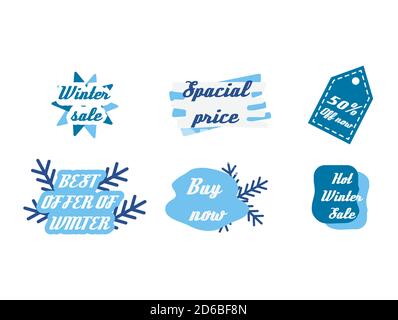 Winter sale icon set with snow flakes, tag and custom shapes Stock Vector