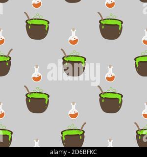 Flat vector illustration. Halloween seamless pattern with witch cauldron, jars, poison. Use for internet, notepad, background, paper Stock Vector