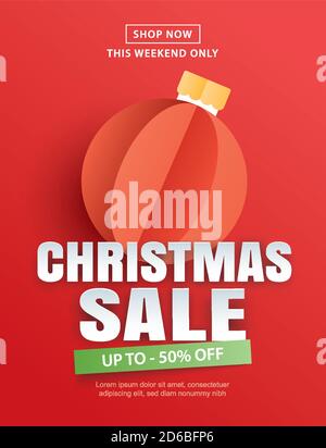 Christmas sale with glass ball on red background in paper art style. Stock Vector