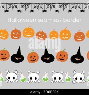 Flat vector illustration. Halloween seamless border with witch hat, pumpkin, skull, bone, spider, cobweb, poison in a bottle. Use for internet Stock Vector