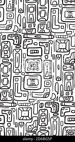 Seamless black tribal doodle pattern on white background. Boho pattern with rectangles. Vector texture for fabrics, wallpapers, cards and your design. Stock Vector