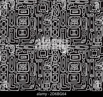 Seamless white tribal doodle pattern on black background. Boho pattern with rectangles. Vector texture for fabrics, wallpapers, cards and your design. Stock Vector