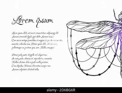 Card with spiritual dragonfly pattern with beads and space for text. Magical template for invitations, cards, banners and your creativity Stock Vector