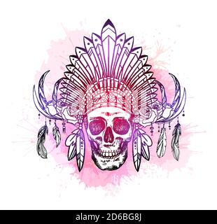 Drawing of human skull in Native American hat with deer horns and roses on pink watercolor splashes. Front view. Tribal vector images for tattoo, prin Stock Vector