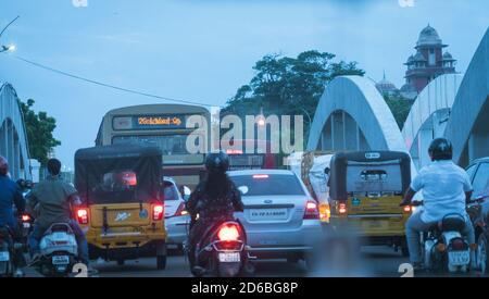 Vehicles driving on the Napier Bridge after sunset Stock Photo