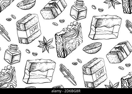 Seamless black and white pattern with hand made soap drawing. Wallpaper with soap, orange, cinnamon sticks, coffee beans, oil, star anise. Vector sket Stock Vector