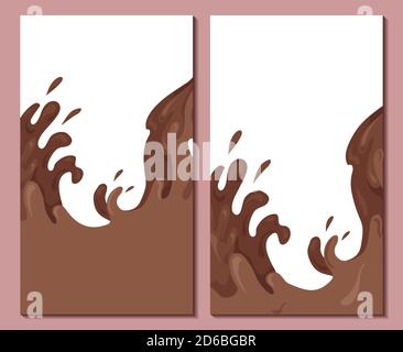 Set of vertical banners with sweet waves of chocolate. Cover with streams and drops of water. Vector template with choco splash illustration for artic Stock Vector