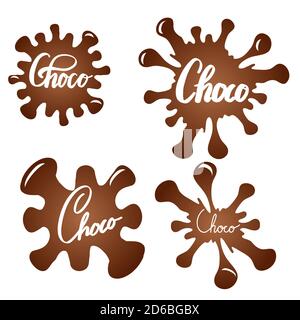 Set of chocolate splashes with brush calligraphy. Choco lettering. Honeyed inscription on sweet drops. Vector element for logos, badges and your creat Stock Vector