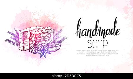 Horizontal banner with neon illustration of handmade soaps with orange, juniper twigs, star anise on pink watercolor splash and lettering. Vector temp Stock Vector