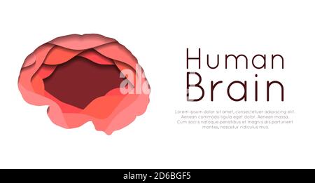 Horizontal banner with layered human brain cut out of paper on white background. Card with paper cut origami. Mental health day. Vector template for a Stock Vector