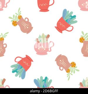 Seamless flat pattern with cups of tea with foliage, lemon and cinnamon on white background. Mugs with summer ingredients. Vector texture for wallpape Stock Vector