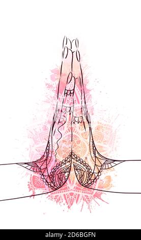 Indian hands in mehndi in yoga meditation gesture on mandala paisley. Namaste mudra on pink watercolor splash. Calm and peace. Vector card for your cr Stock Vector