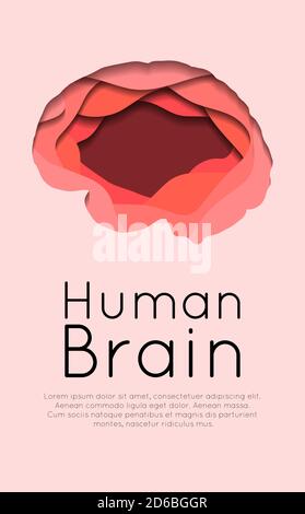 Vertical banner with layered human brain cut out of paper on pink background. Card with paper cut origami. Mental health day. Vector template for arti Stock Vector