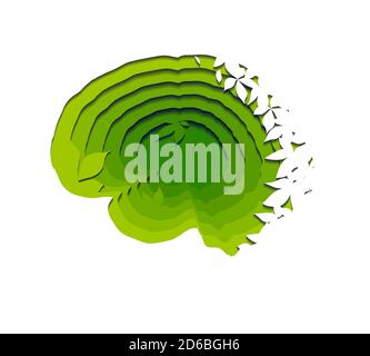 Layered eco human brain cut out of paper with leaves on white background. Paper cut origami. Sustainable thinking. Vector 3d illustration for article, Stock Vector
