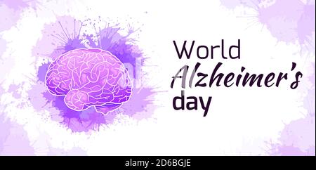 International Alzheimers Day. Horizontal card with human brain on purple watercolor stains. Disease and extinction. Vector banner for medical articles Stock Vector