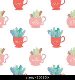 Seamless flat pattern with cups of tea with foliage and cinnamon on white background. Mugs with summer ingredients in a row. Vector texture for wallpa Stock Vector