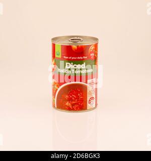 Mackay, Queensland, Australia - February 2020: A can of Italian diced tomatoes isolated on a white background, product photography Stock Photo