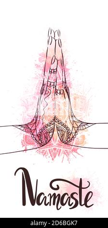 Indian hands in mehndi in yoga meditation gesture on mandala paisley and lettering. Namaste mudra on pink watercolor splash. Calm and peace. Vector ca Stock Vector