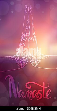 Indian hands in mehendi in yoga meditation gesture with lettering on blurred ocean landscape. Namaste mudra on sunset background. Calligraphy and peac Stock Vector