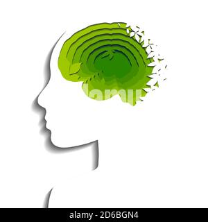Layered eco human brain cut out of paper on white background. Paper cut origami. Environmentally friendly thoughts. Vector illustration for article, b Stock Vector
