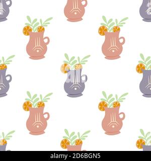 Seamless flat pattern with cups of tea with foliage and lemon slice on white background. Mugs with summer ingredients in a row. Vector texture for wal Stock Vector