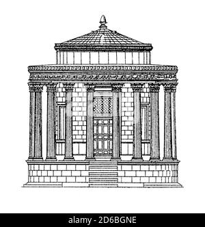 Antique illustration of the temple of Vesta in Tivoli, Italy. Engraving published in Vergleichende Architektonische Formenlehre by Carl Scholtze, Leip Stock Photo