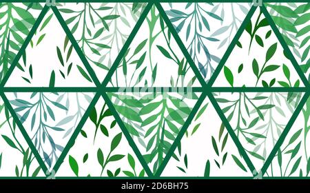 Seamless geometric texture with triangles of grass and fern in row on green background. Green branches with foliage and leaves. Natural pattern for fa Stock Vector
