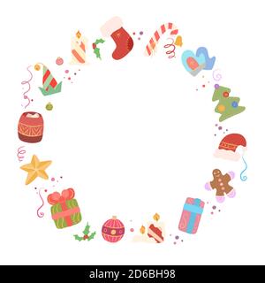 Circle festive frame with ornament, hollie, gift, sweet, Santa hat, serpentine, mittens and confetti. Round christmas template for card, invitation, p Stock Vector