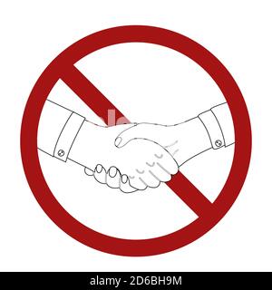 Outline man shaking hands in prohibition sign. Line art businessman in rivalry. War and confrontation. Ban on making a deal. Vector black and white il Stock Vector