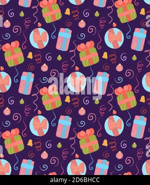 Seamless Christmas pattern on violet background. Wallpaper with decorations, gifts, serpentine and confetti. Festive texture for backgrounds, fabrics Stock Vector