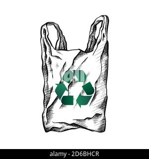 Bag with hatching and recycling sign. Eco friendly bag zero waste. Recycled waste. Ecological problem. Vector black and white drawing for your creativ Stock Vector