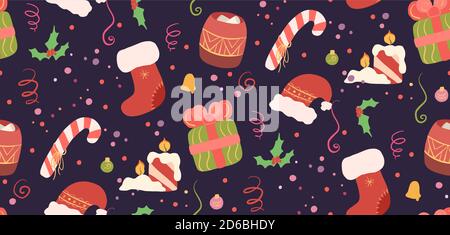 Seamless Christmas pattern on dark background. Wallpaper with ornament, hollie, gift, sweet, Santa hat, serpentine and confetti. Festive texture for b Stock Vector