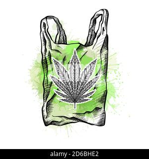 Nature bag with hatching, marijuana leaf and green watercolor splashes. Eco friendly bag zero waste. Recycled waste. Ecological problem. Vector drawin Stock Vector