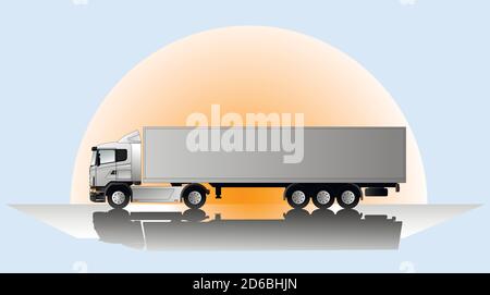 Side view of a modern European truck on the background of the sunrise. Freight transport concept. Vector Stock Vector