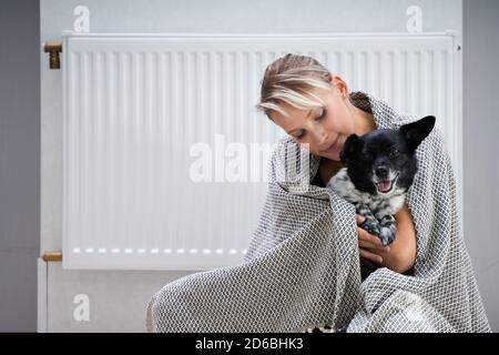 Electric Central Heater In House. Warm Blanket And Pet Dog Stock Photo