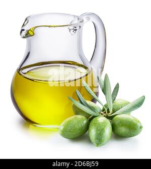Green natural olives and decanter with olive oil isolated on a white background. Stock Photo