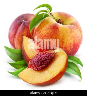 Peaches with leaves and peach slices isolated on a white background. Clipping path. Stock Photo