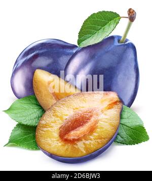 Plums with leaves and plum slices isolated on a white background. Clipping path. Stock Photo