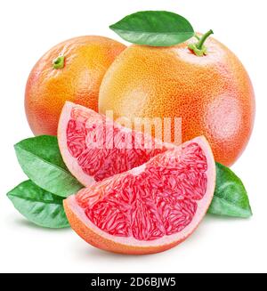 Grapefruits with leaves and grapefruit slices isolated on a white background. Clipping path. Stock Photo