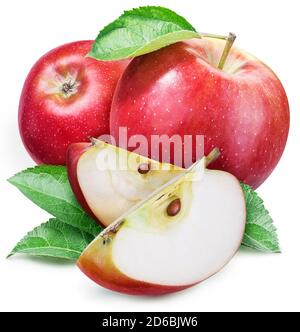 Red apples with leaves and apple slices isolated on a white background. Clipping path. Stock Photo